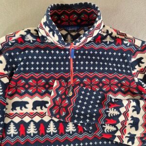 Chubbies Bearly Wild Quarter Zip Fleece Pullover Fair Isle Bear Navy Blue Red M